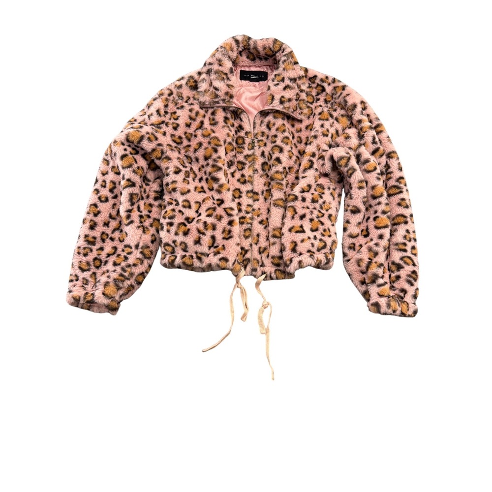 Know One Cares Pink Leopard Faux Fur Full Zip Jacket Women's Size M Cropped Cozy